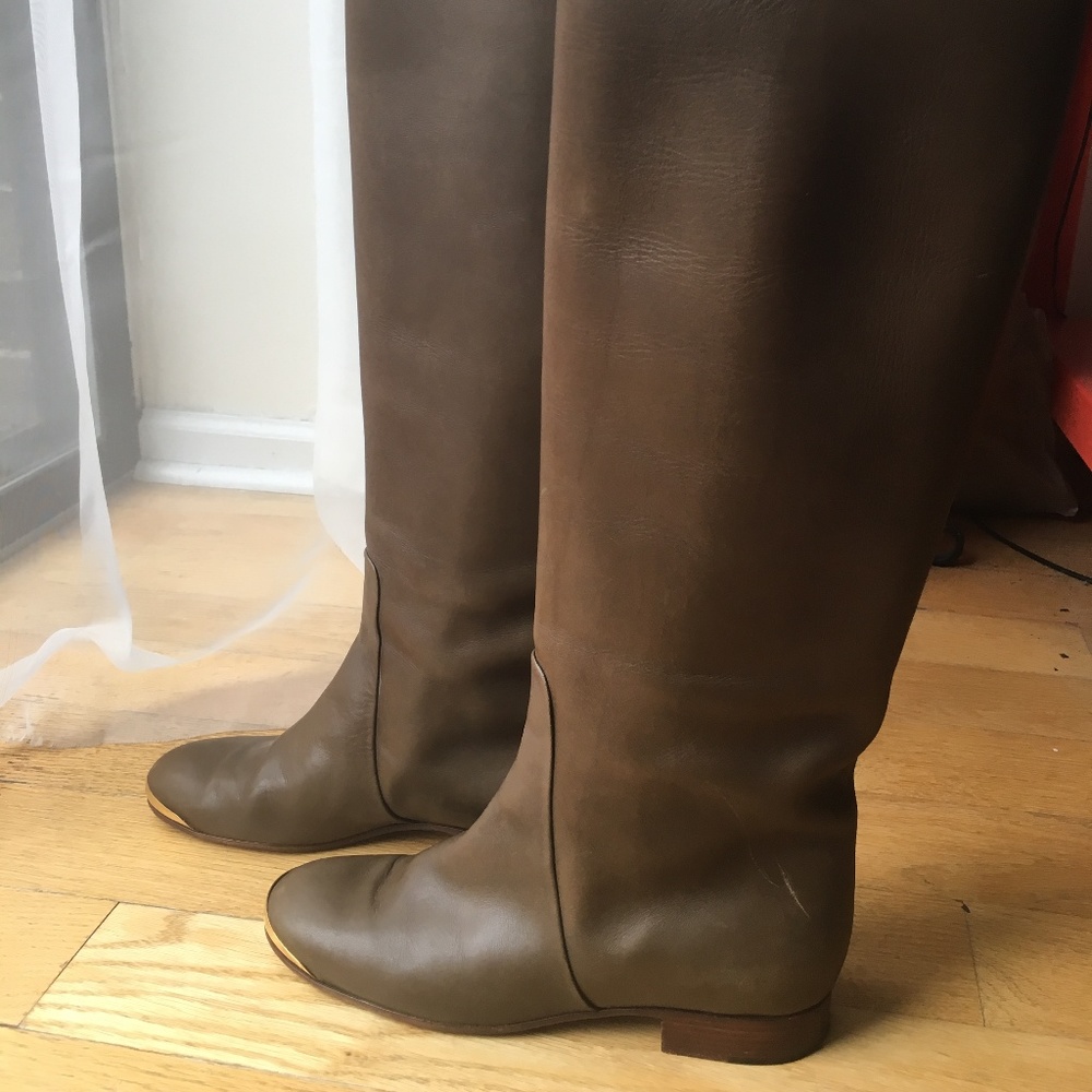 CELINE gold tipped knee-high boots (olive/brown)